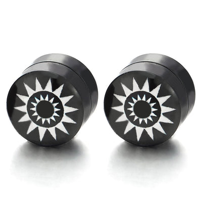 Men Women Magnetic Black Circle Sunflower Stud Earrings, Non-Piercing Clip On Fake Ear Plugs Gauges - COOLSTEELANDBEYOND Jewelry