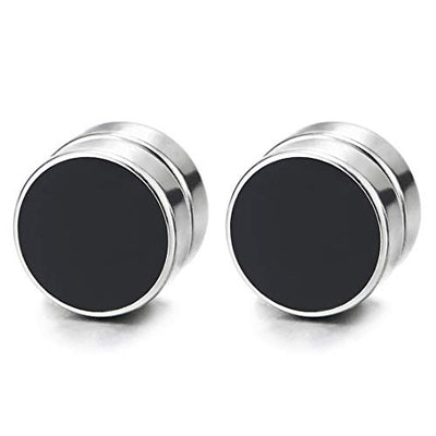 Men Women Magnetic Circle Stud Earrings Black Enamel, Non-Piercing Clip On Cheater Fake Ear Gauges - coolsteelandbeyond