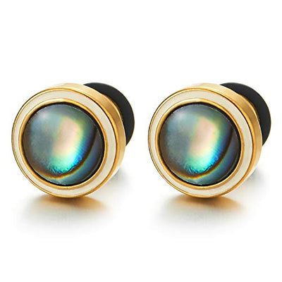 Men Women Pearl Shell Gold Color Circle Stud Earrings with White Enamel, Stainless Steel, Screw Back - coolsteelandbeyond