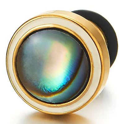 Men Women Pearl Shell Gold Color Circle Stud Earrings with White Enamel, Stainless Steel, Screw Back - coolsteelandbeyond
