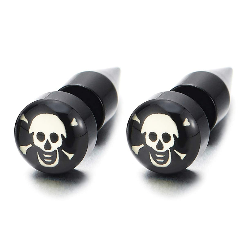 Men Women Pirate Skull Black Circle Stud Earrings, Steel Cheater Fake Plug Gauges, Spiked Screw Back - COOLSTEELANDBEYOND Jewelry