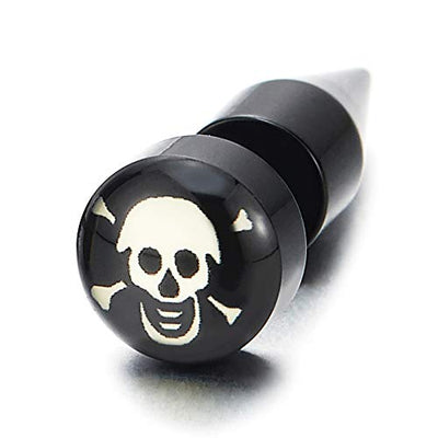 Men Women Pirate Skull Black Circle Stud Earrings, Steel Cheater Fake Plug Gauges, Spiked Screw Back - COOLSTEELANDBEYOND Jewelry