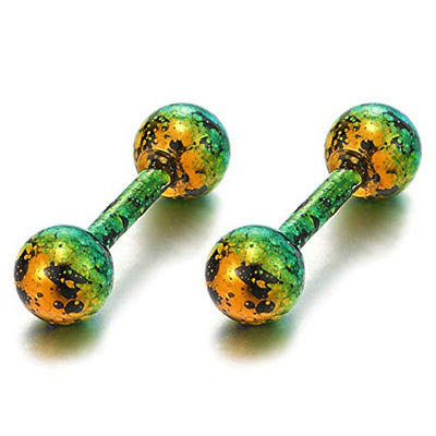 Men Women Rainbow Oxidized Blue Green Barbell Ball Screw Stud Earrings Steel Cheater Fake Plug Gauge - coolsteelandbeyond