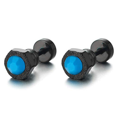 Men Women Satin Hexagon Black Screw Head Stud Earrings Blue Gem Stone, Steel Cheater Fake Ear Gauges - coolsteelandbeyond