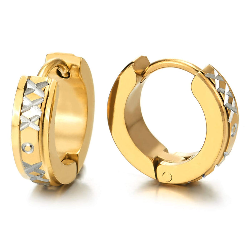 Men Women Small Gold Steel Huggie Hinged Hoop Earrings with Grooved X Cross Circle Laser Pattern - COOLSTEELANDBEYOND Jewelry