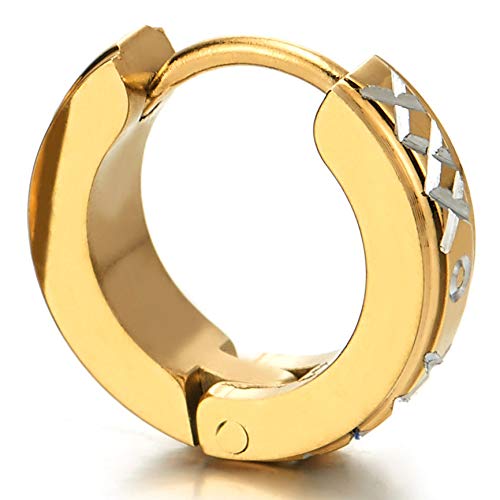 Men Women Small Gold Steel Huggie Hinged Hoop Earrings with Grooved X Cross Circle Laser Pattern - COOLSTEELANDBEYOND Jewelry