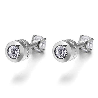 Men Women Small Solitaire Cubic Zirconia Circle Stud Earring, Screw Back Post with CZ, Grid Pattern - coolsteelandbeyond