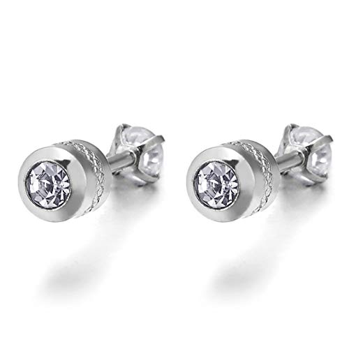 Men Women Small Solitaire Cubic Zirconia Circle Stud Earring, Screw Back Post with CZ, Grid Pattern - coolsteelandbeyond