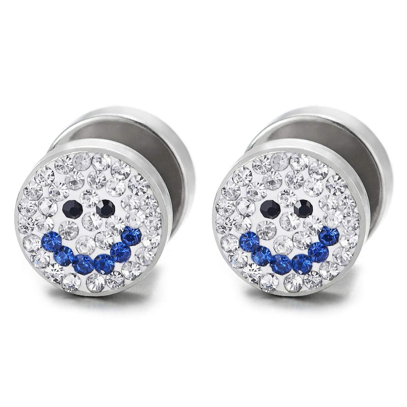 Men Women Smiling Face Circle Stud Earrings Black White Blue CZ, Steel Cheater Fake Ear Plugs Gauges - COOLSTEELANDBEYOND Jewelry
