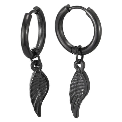 Men Women Stainless Steel Black Circle Huggie Hinged Hoop Earrings with Dangling Angle Wing, 2pcs - COOLSTEELANDBEYOND Jewelry