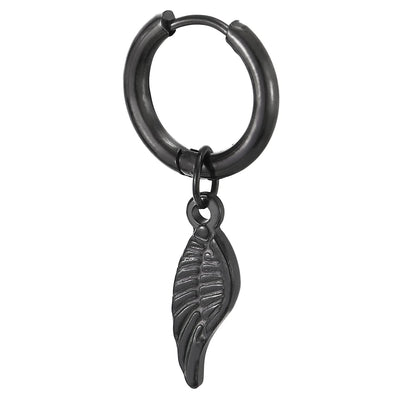 Men Women Stainless Steel Black Circle Huggie Hinged Hoop Earrings with Dangling Angle Wing, 2pcs - COOLSTEELANDBEYOND Jewelry