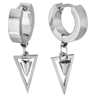Men Women Stainless Steel Huggie Hinged Hoop Earrings with Dangling Cone and Open Triangle - COOLSTEELANDBEYOND Jewelry