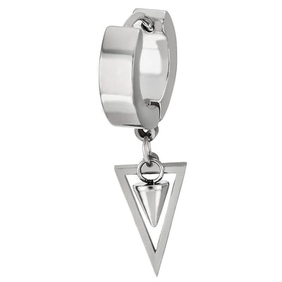 Men Women Stainless Steel Huggie Hinged Hoop Earrings with Dangling Cone and Open Triangle - COOLSTEELANDBEYOND Jewelry