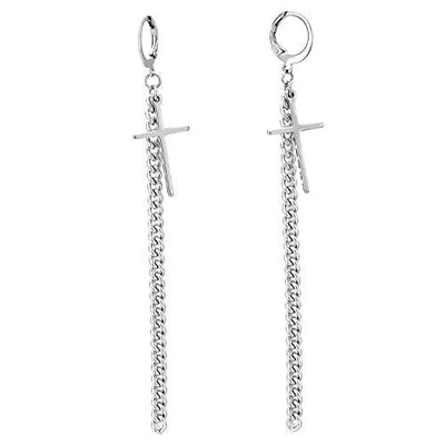 Men Women Stainless Steel Huggie Hinged Hoop Earrings with Dangling Extra Long Curb Chain and Cross - coolsteelandbeyond