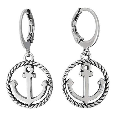 Men Women Stainless Steel Huggie Hinged Hoop Earrings with Dangling Marine Anchor Wreath Circle - coolsteelandbeyond