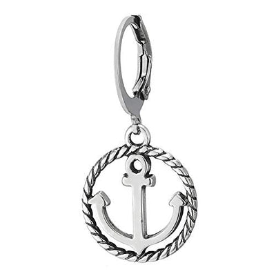 Men Women Stainless Steel Huggie Hinged Hoop Earrings with Dangling Marine Anchor Wreath Circle - coolsteelandbeyond