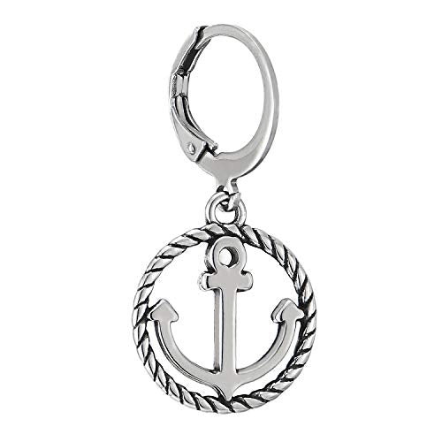 Men Women Stainless Steel Huggie Hinged Hoop Earrings with Dangling Marine Anchor Wreath Circle - coolsteelandbeyond