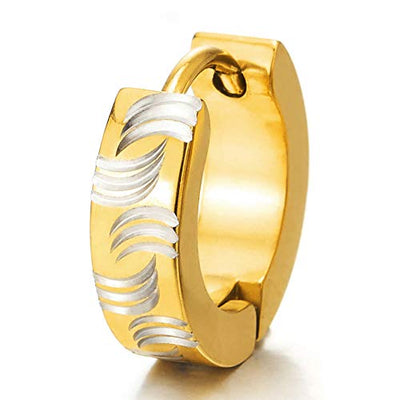 Men Women Stainless Steel Silver Gold Color Huggie Hinged Hoop Earrings with Wave Laser Pattern - coolsteelandbeyond