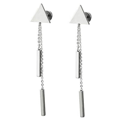 Men Women Stainless Steel Triangle Stud Earrings with Two Dangling Long Chain Cuboid, Screw Back - coolsteelandbeyond