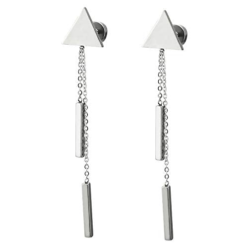 Men Women Stainless Steel Triangle Stud Earrings with Two Dangling Long Chain Cuboid, Screw Back - coolsteelandbeyond