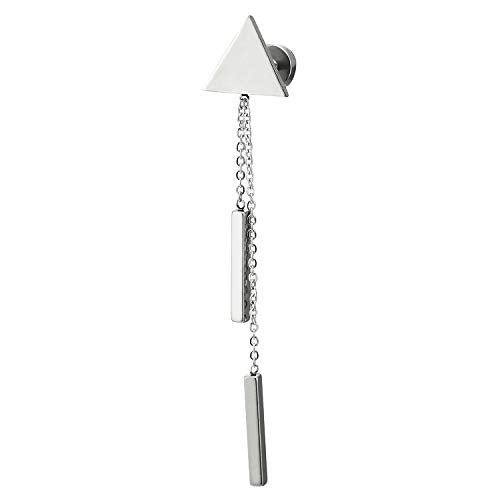 Men Women Stainless Steel Triangle Stud Earrings with Two Dangling Long Chain Cuboid, Screw Back - coolsteelandbeyond