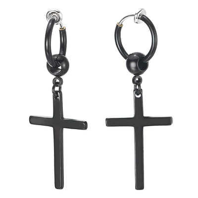 Men Women Steel Bead Huggie Hinged Hoop Ear Cuff Ear Clip Earrings Long Dangling Cross, Non-Piercing - coolsteelandbeyond