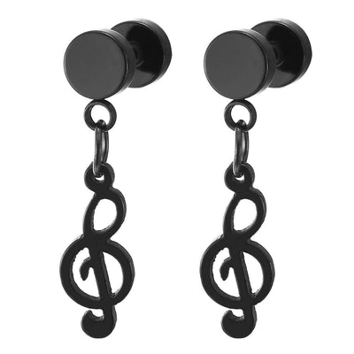 Men Women Steel Black Barbell Circle Stud Earrings Dangling Treble Clef Music Note Sign, Screw Back - coolsteelandbeyond