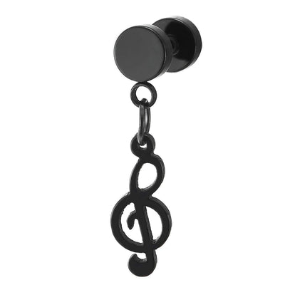 Men Women Steel Black Barbell Circle Stud Earrings Dangling Treble Clef Music Note Sign, Screw Back - coolsteelandbeyond