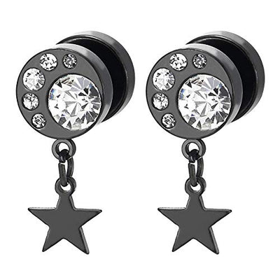 Men Women Steel Black Circle Barbell Stud Earrings with Cubic Zirconia and Dangling Star, Screw Back - coolsteelandbeyond