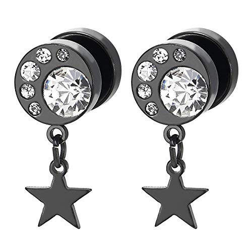 Men Women Steel Black Circle Barbell Stud Earrings with Cubic Zirconia and Dangling Star, Screw Back - coolsteelandbeyond