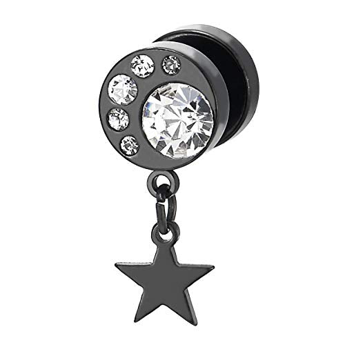 Men Women Steel Black Circle Barbell Stud Earrings with Cubic Zirconia and Dangling Star, Screw Back - coolsteelandbeyond