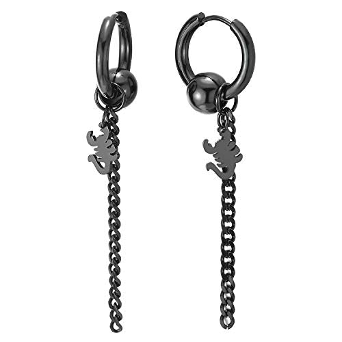 Men Women Steel Black Circle Beads Huggie Hinged Hoop Earrings with Dangling Long Chain and Scorpion - coolsteelandbeyond
