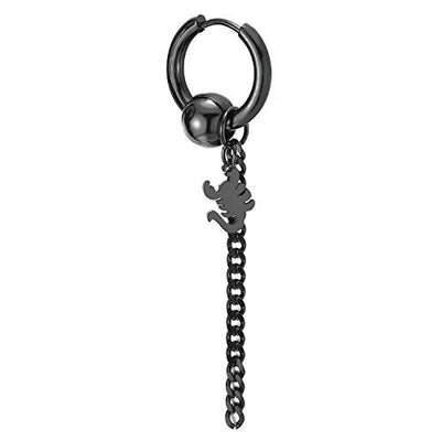 Men Women Steel Black Circle Beads Huggie Hinged Hoop Earrings with Dangling Long Chain and Scorpion - coolsteelandbeyond