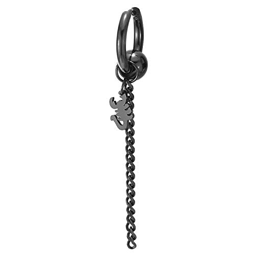 Men Women Steel Black Circle Beads Huggie Hinged Hoop Earrings with Dangling Long Chain and Scorpion - coolsteelandbeyond