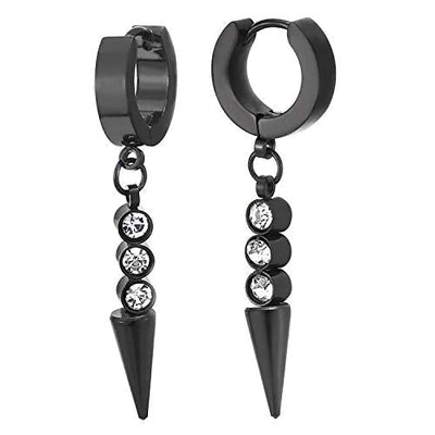 Men Women Steel Black Circle Huggie Hinged Earrings with Dangling Spiked Cone and Cubic Zirconia - coolsteelandbeyond