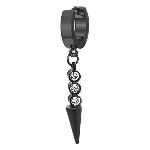 Men Women Steel Black Circle Huggie Hinged Earrings with Dangling Spiked Cone and Cubic Zirconia - coolsteelandbeyond