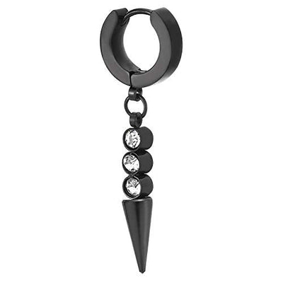 Men Women Steel Black Circle Huggie Hinged Earrings with Dangling Spiked Cone and Cubic Zirconia - coolsteelandbeyond