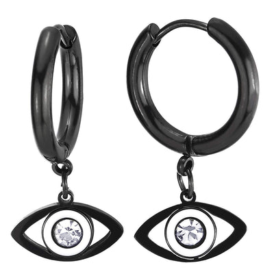 Men Women Steel Black Circle Huggie Hinged Hoop Earrings, Dangling Evil Eye with CZ and White Enamel - COOLSTEELANDBEYOND Jewelry