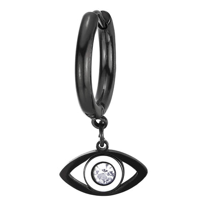 Men Women Steel Black Circle Huggie Hinged Hoop Earrings, Dangling Evil Eye with CZ and White Enamel - COOLSTEELANDBEYOND Jewelry