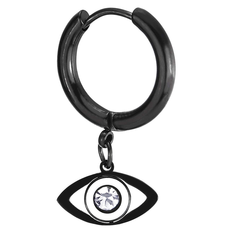 Men Women Steel Black Circle Huggie Hinged Hoop Earrings, Dangling Evil Eye with CZ and White Enamel - COOLSTEELANDBEYOND Jewelry