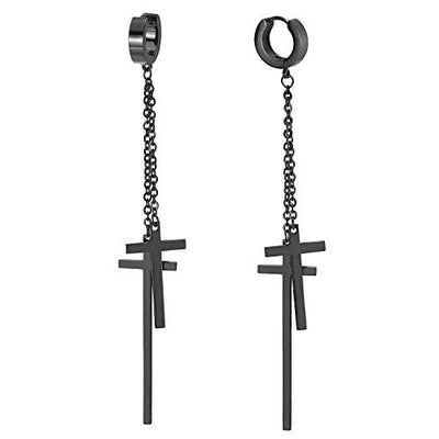 Men Women Steel Black Huggie Hinged Hoop Earrings with Double Chains Long Dangle Crosses, Punk Rock - coolsteelandbeyond