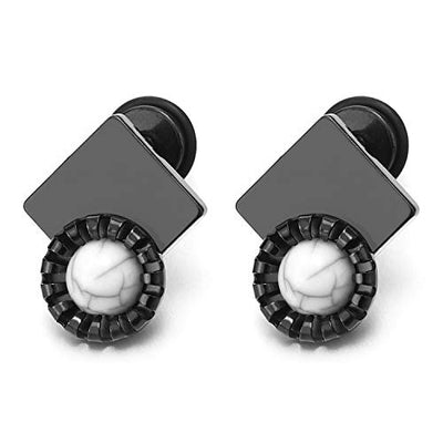 Men Women Steel Black Square Stud Earrings with Wreath Circle White Gem Stone Bead, Screw Back - coolsteelandbeyond