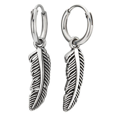 Men Women Steel Circle Huggie Hinged Hoop Earrings with Dangling Feather Leaf - COOLSTEELANDBEYOND Jewelry