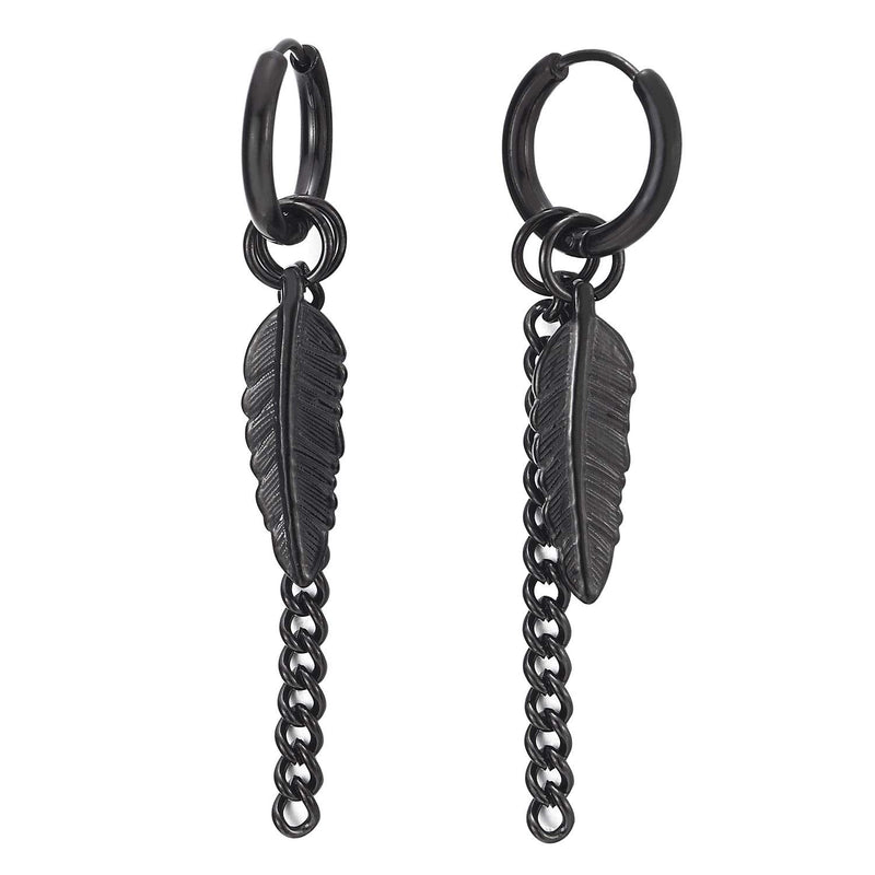 Men Women Steel Circle Huggie Hinged Hoop Earrings with Dangling Long Curb  Chain Feather, 2pcs – TrendEssential