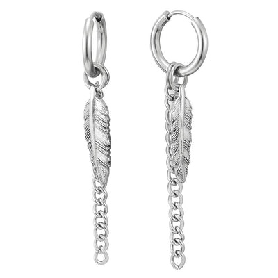 Men Women Steel Circle Huggie Hinged Hoop Earrings with Dangling Long Curb Chain Feather, 2pcs - COOLSTEELANDBEYOND Jewelry