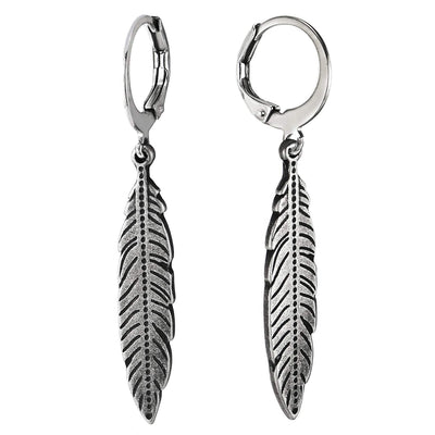 Men Women Steel Circle Huggie Hinged Hoop Earrings with Dangling Old Metal Finished Feather 2pcs - COOLSTEELANDBEYOND Jewelry