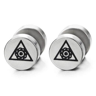 Men Women Steel Circle Stud Earring with Sun Ray Blade Triangle of Black Enamel Fake Ear Plug Gauges - coolsteelandbeyond