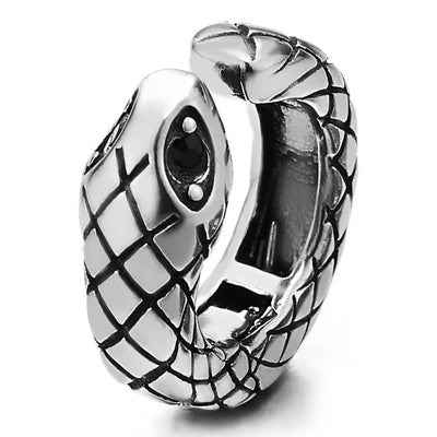 Men Women Steel Cobra Snake Ear Cuff with Black Cubic Zirconia Ear Clip Non-Piercing Clip On Earring - COOLSTEELANDBEYOND Jewelry