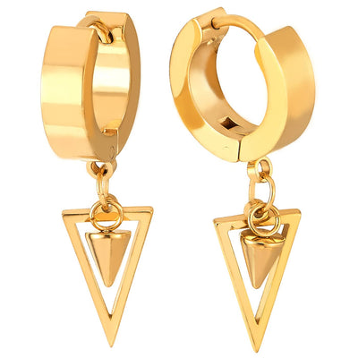 Men Women Steel Gold Color Huggie Hinged Hoop Earrings with Dangling Cone and Open Triangle - COOLSTEELANDBEYOND Jewelry