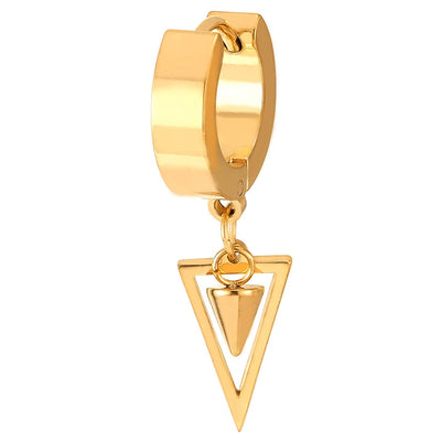 Men Women Steel Gold Color Huggie Hinged Hoop Earrings with Dangling Cone and Open Triangle - COOLSTEELANDBEYOND Jewelry